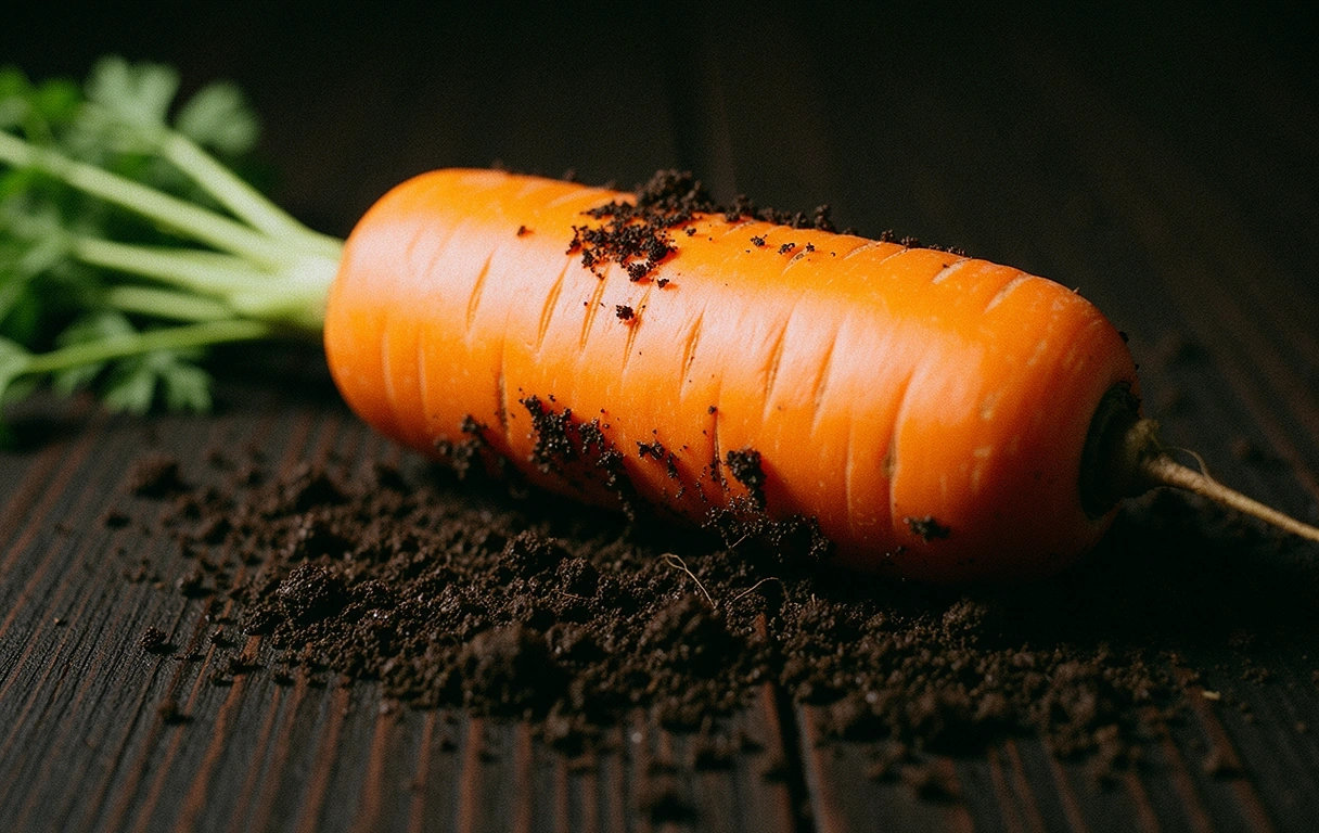 Nahaufnahme einer frischen Karotte mit Erdresten